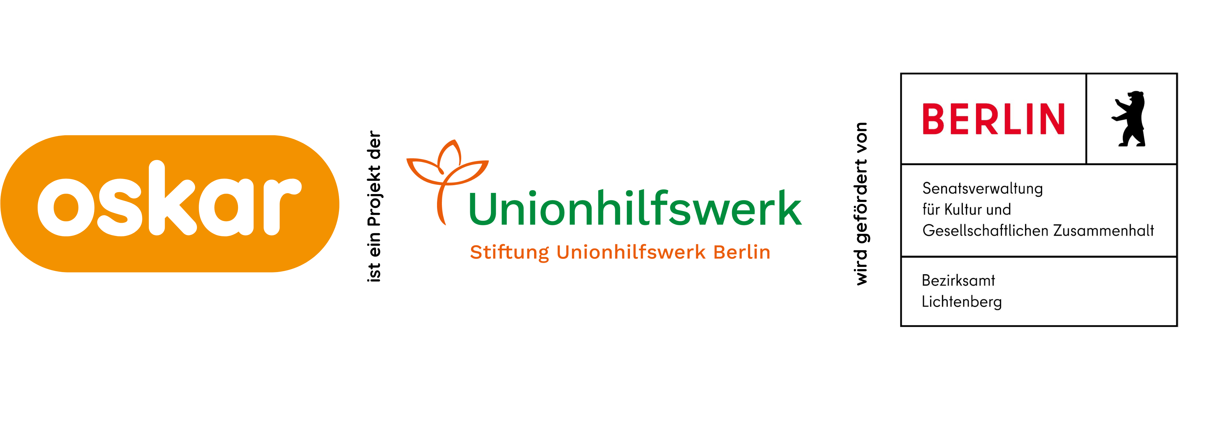 Logoleiste Oskar - Stiftung Unionhilfswerk - Berliner Senatsverwaltung für Kultur und Gesellschaftlichen Zusammenhalt - Bezirksamt Lichtenberg