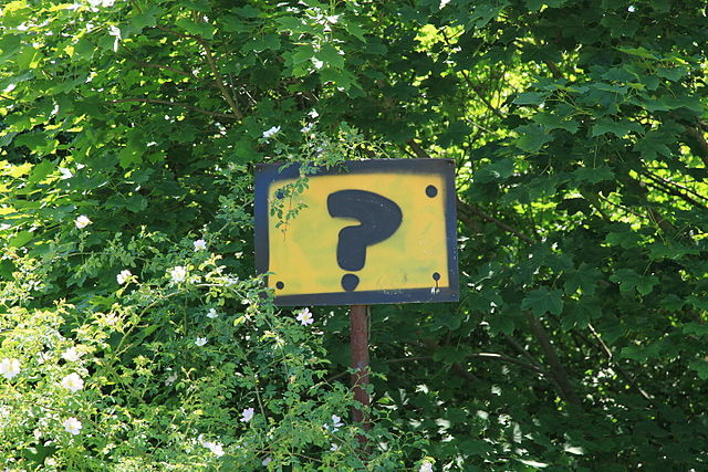 Fragezeichen-Schild in einem Strauch