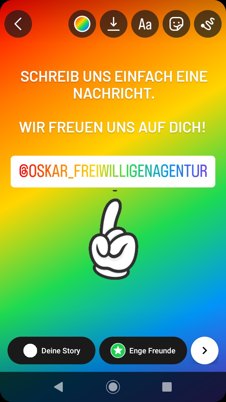 Sharepic in regenbogenfarben: oskar sagt: wir freuen uns auf dich