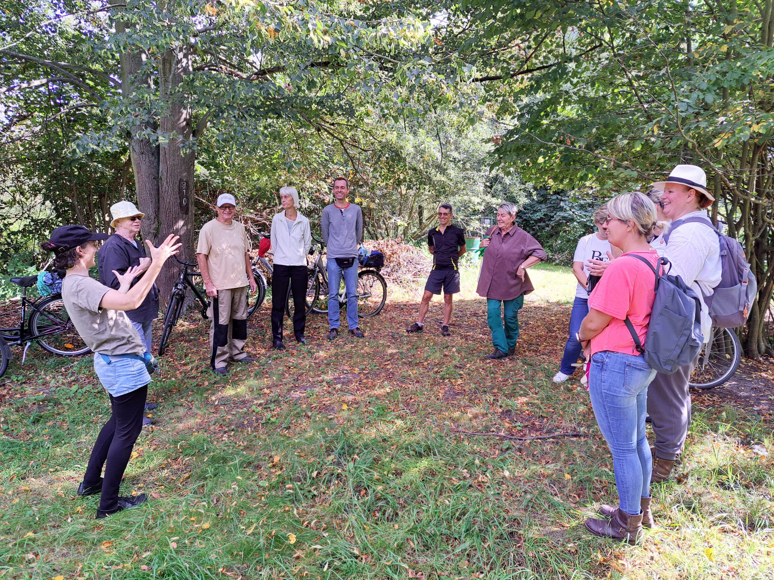 Eine Gruppe Menschen steht im Kreis auf einer Wiese unter Bäumen. Das Wetter ist war und sonnig