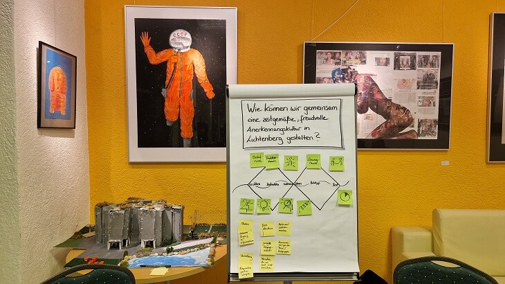 Das Clipchart mit Ergebnissen des Danke-Kultur Workshops steht vor einer orangenen Wand, an der Kunstwerke hängen.