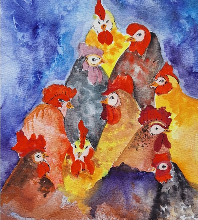 Auf dem Aquarellbild von Ramona Emmerich sieht man zehn Hühner, die eng beieinander sitzen und den Betrachter anblicken.