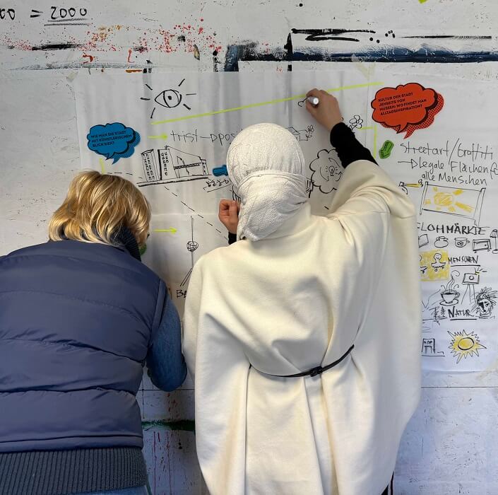 Zwei Frauen stehen vor einem großen Papier an der Wand und schreiben und zeichnen darauf.
