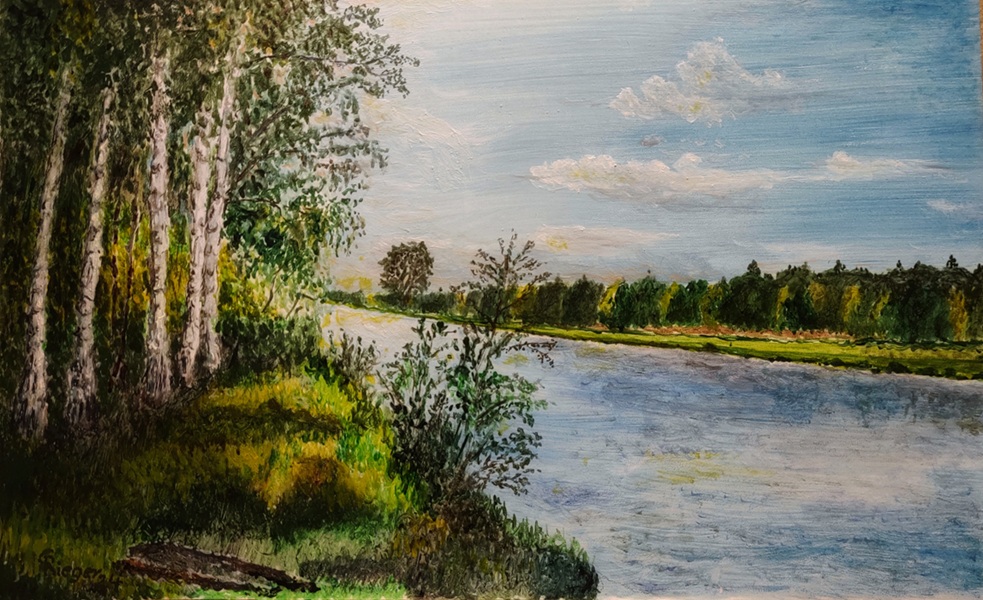 Das Öl-Gemälde "Nachmittagssonne am Oder-Havel-Kanal von Gunther Rieger zeigt den Kanal mit grünen, baumbewachsenen Ufern. Am linken Bildrand sieht man Birken.