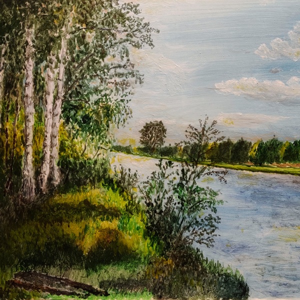 Das Öl-Gemälde "Nachmittagssonne am Oder-Havel-Kanal von Gunther Rieger zeigt den Kanal mit grünen, baumbewachsenen Ufern. Am linken Bildrand sieht man Birken.