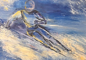 Das Gemälde "Abfahrt" von Petra Seirig zeigt auf dynamische Weise einen Skifahrer auf der Abfahrt.