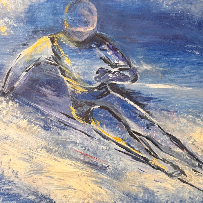 Das Gemälde "Abfahrt" von Petra Seirig zeigt auf dynamische Weise einen Skifahrer auf der Abfahrt.