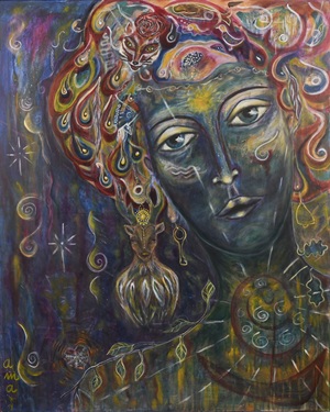 Das Gemälde Meine Muse von Anna Maria Michalska zeigt das Portrait einer Frau in bunten Farben mit vielen Symbolen.