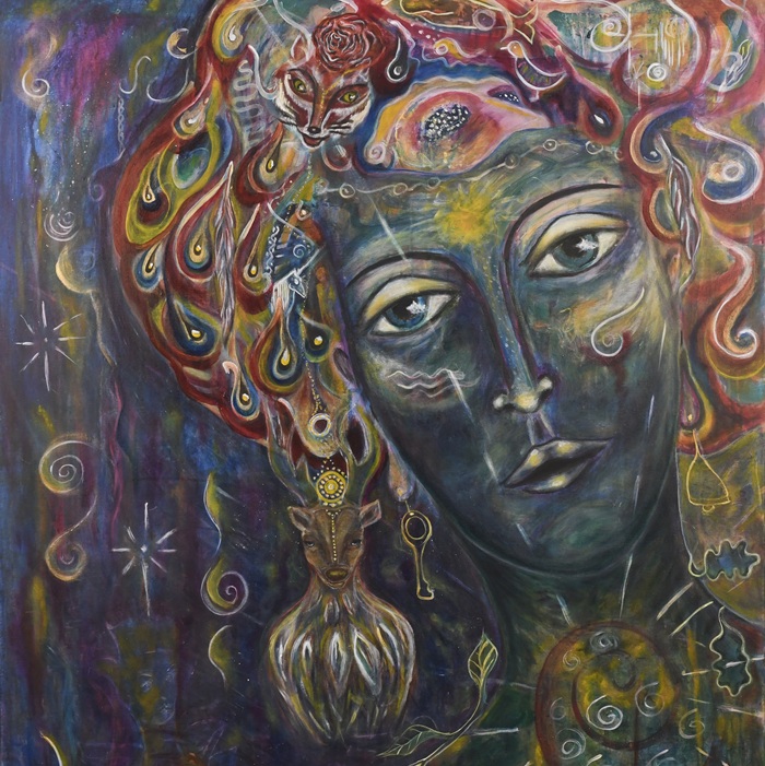 Das Gemälde Meine Muse von Anna Maria Michalska zeigt das Portrait einer Frau in bunten Farben mit vielen Symbolen.