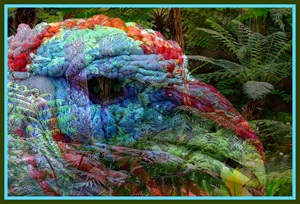 Ein Foto in Doppelbelichtung, so dass die Motive ineinander verschwimmen und sich teils überlappen. Zu sehen ist ein bunter Vogelkopf in einer Tropenwald-Umgebung.