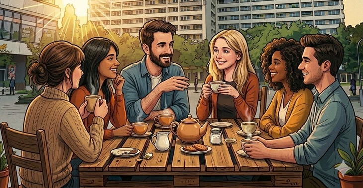 comicartige Darstellung von einer Gruppe Menschen beim Tee trinken (KI generiert)