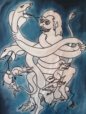 Beispielbild für Magic Moments: Das Aquarell von Erhard Neef zeigt weiß auf blauem Hintergrund einen Teufel, der mit Schlangen und Ratten ringt.