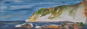 Das Gemälde von Ulrike Drobniewski zeigt Kreidefelsen und Meer.