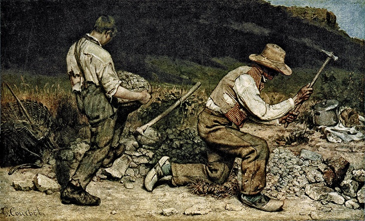 Auf dem Ölgemälde „Die Steineklopfer“ von Gustave-Courbet sind zwei Arbeiter in einem kleinen Steinbruch zu sehen. Sie tragen zerschlissene Kleidung. Einer trägt einen Korb voller Steine, der andere erhebt gerade einen Hammer zum Zertrümmern von Steinen.