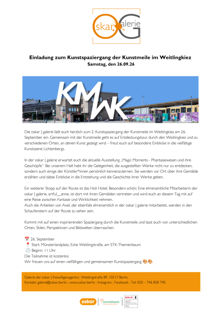 Einladung zum Kunstspaziergang der Kunstmeile im Weitlingkiez am Samstag, 26. September 2026. Treffpunkt Münsterlandplatz, Ecke Weitlingstraße, 10317 Berlin. Uhrzeit: 11:00. Die Teilnahme ist kostenlos.