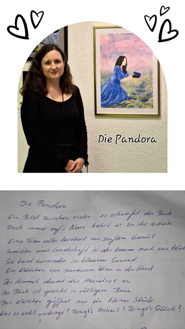 Eine junge Frau steht vor einem Gemälde. Unter dem Foto ist das Foto eines handgeschriebenen Gedichts.